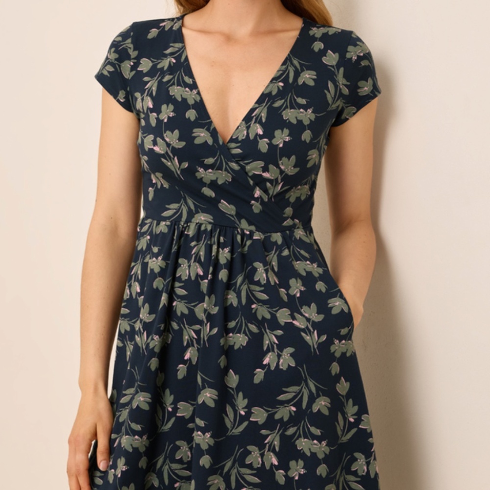 Pact Organic Fit & Flare Crossover Dress Painted Petals Midnight Blue - Picture 4 of 6